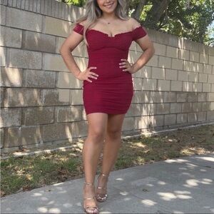 WOMENS BURGUNDY OFF THE SHOULDER RUFFLE TRIM BODYCON MINI DRESS VALENTINES